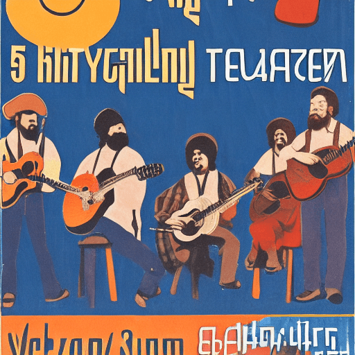 AI generated: 5 young people learning guitar, a guitar teacher with a beard, smiling; soviet style poster