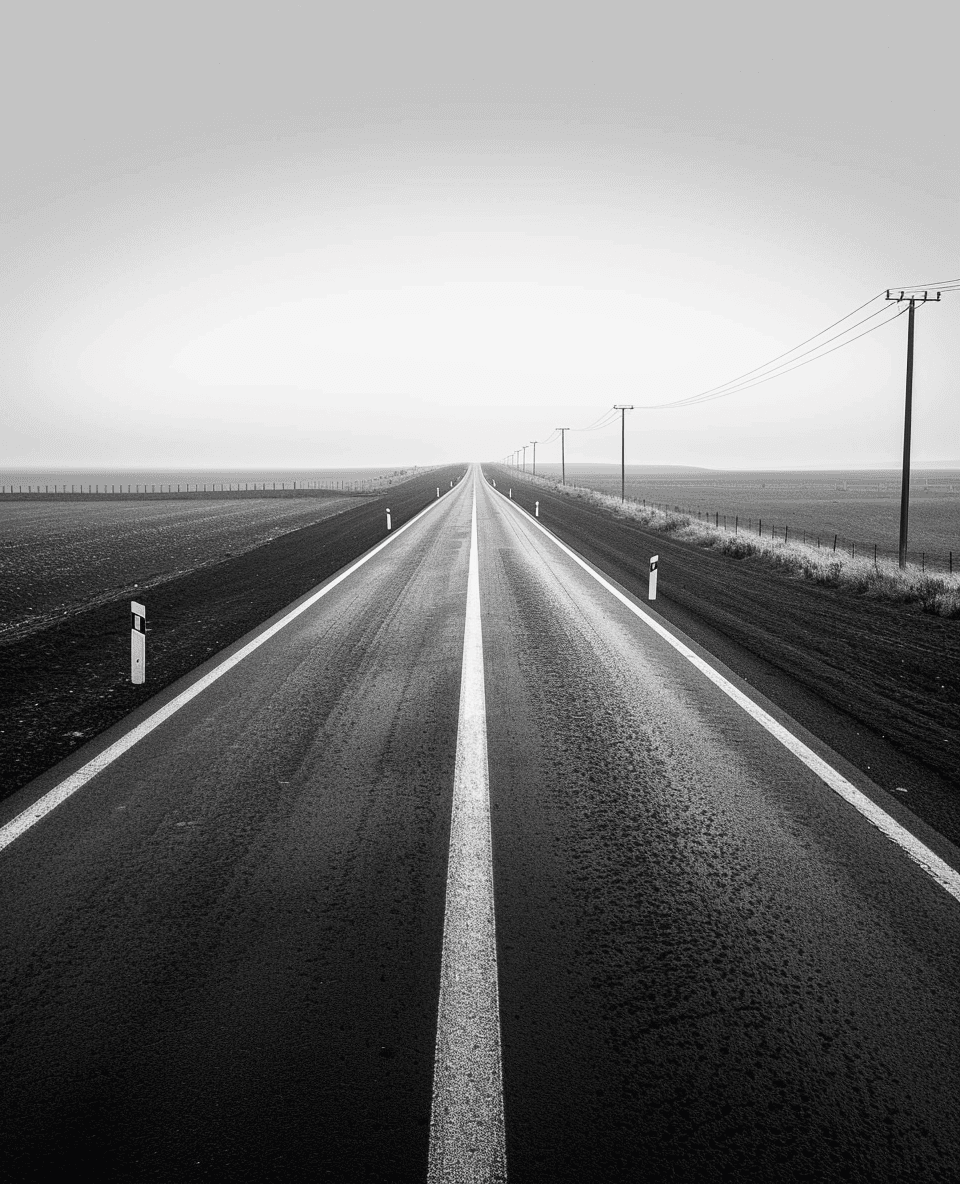 AI generated: highway with fields on both sides, a few telephone poles along the road, low horizon in background, ...