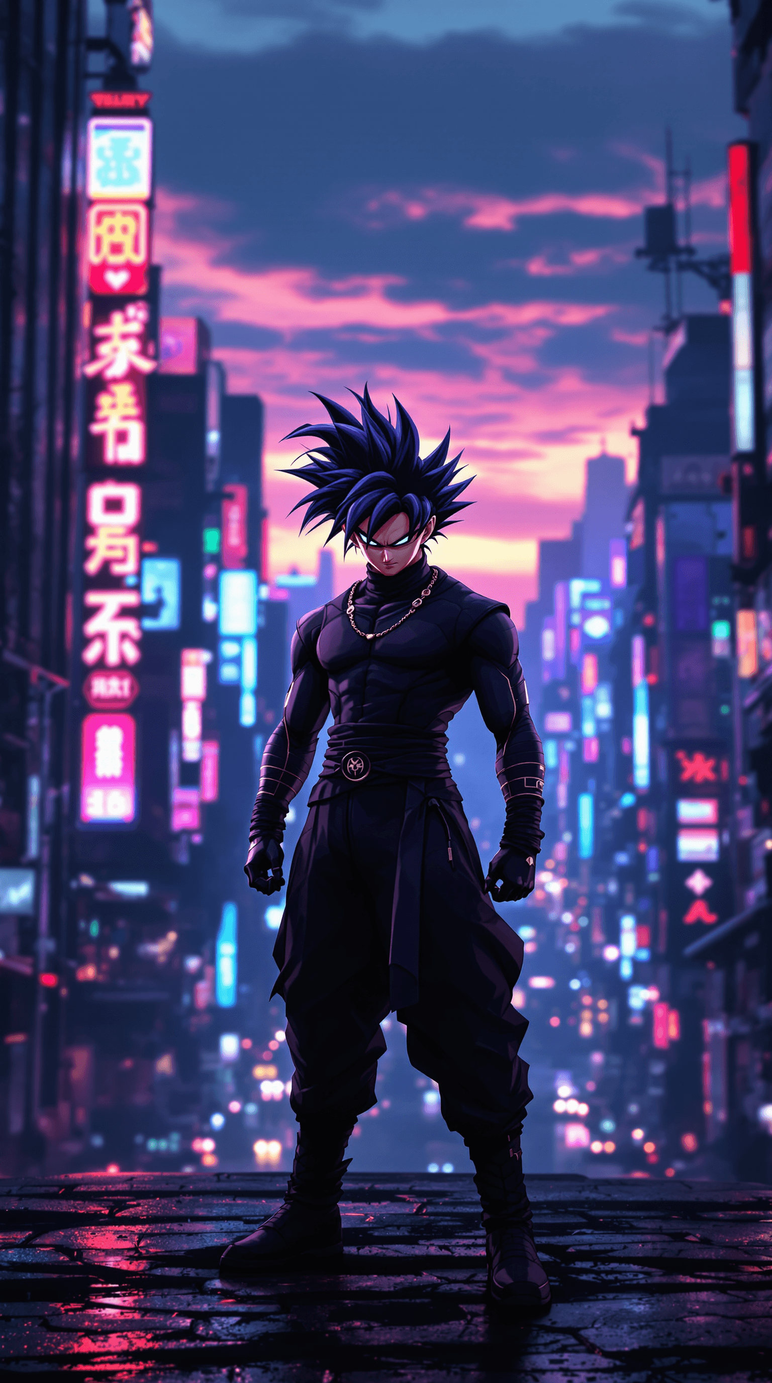 AI generated: Goku Black wearing a sleek black turtleneck, outfitted in intricate, modern-meets-martial-arts attir...