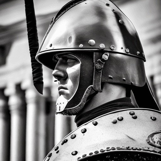 AI generated: Extreme low angle photo of a Roman legionary wearing his helmet and armor, he is awaiting for the st...