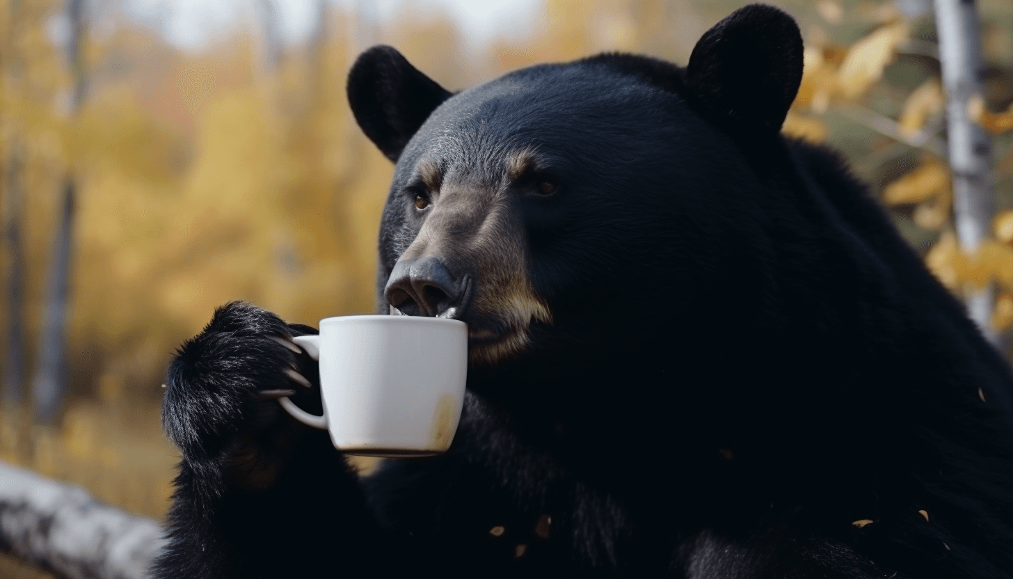 AI generated: black bear drinking coffee, forest, animal, creature, dry fur, 4k, HD, hyperrealistic, photo realist...