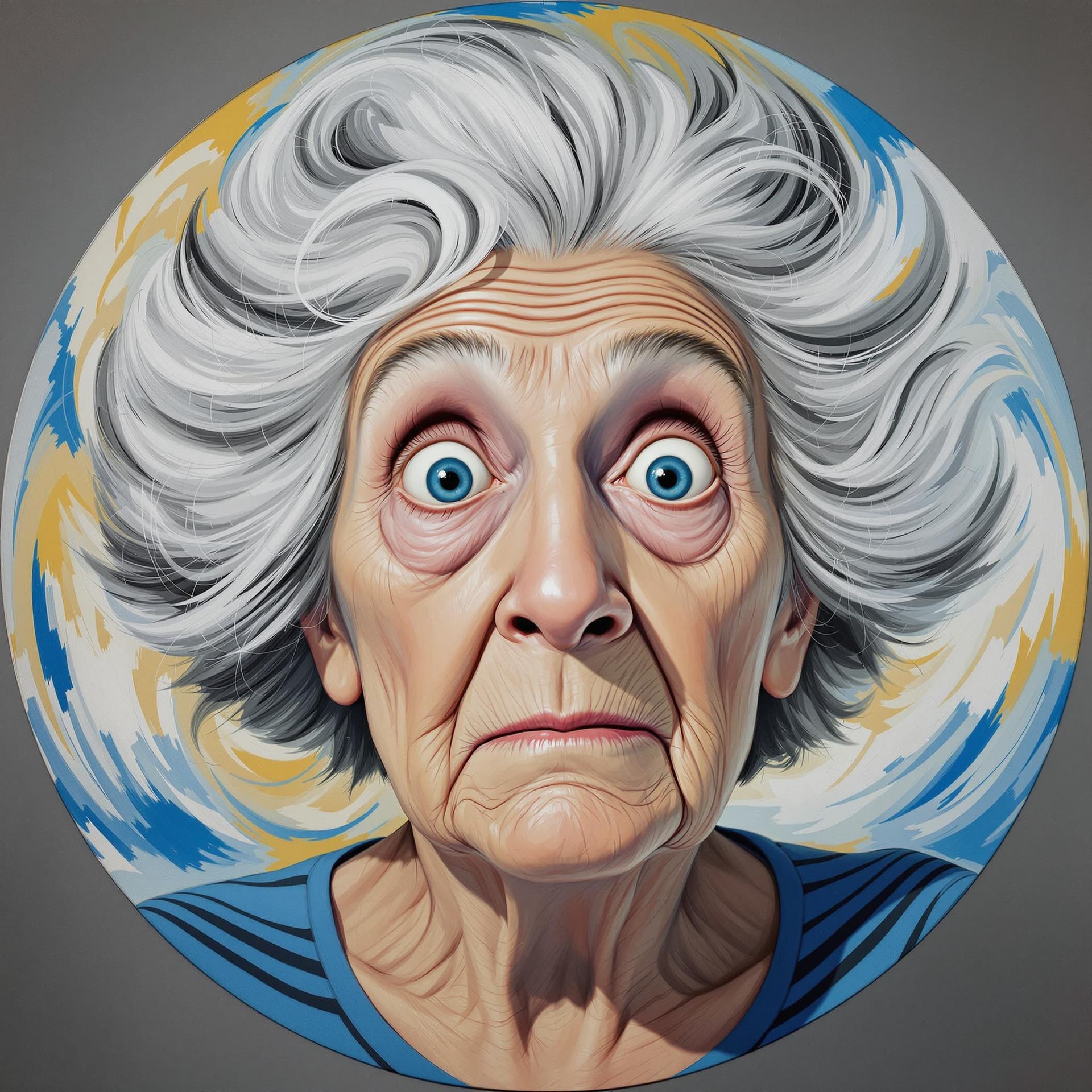 AI generated: Oil painting with circular composition and fisheye effect, central close-up of the old wrinkled face...