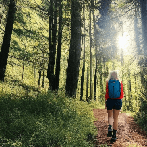 AI generated: A real photo of a blonde instagram influencer taking a hike in the woods on a sunny warm day ultra r...