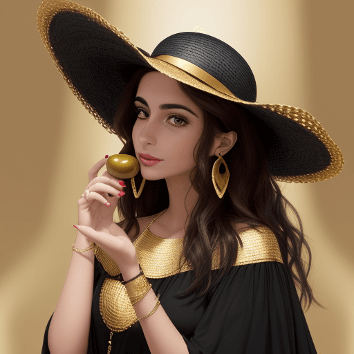 AI generated: Beautiful Spanish woman with gold earrings with olives in her hand in a black wide-brimmed hat, but ...