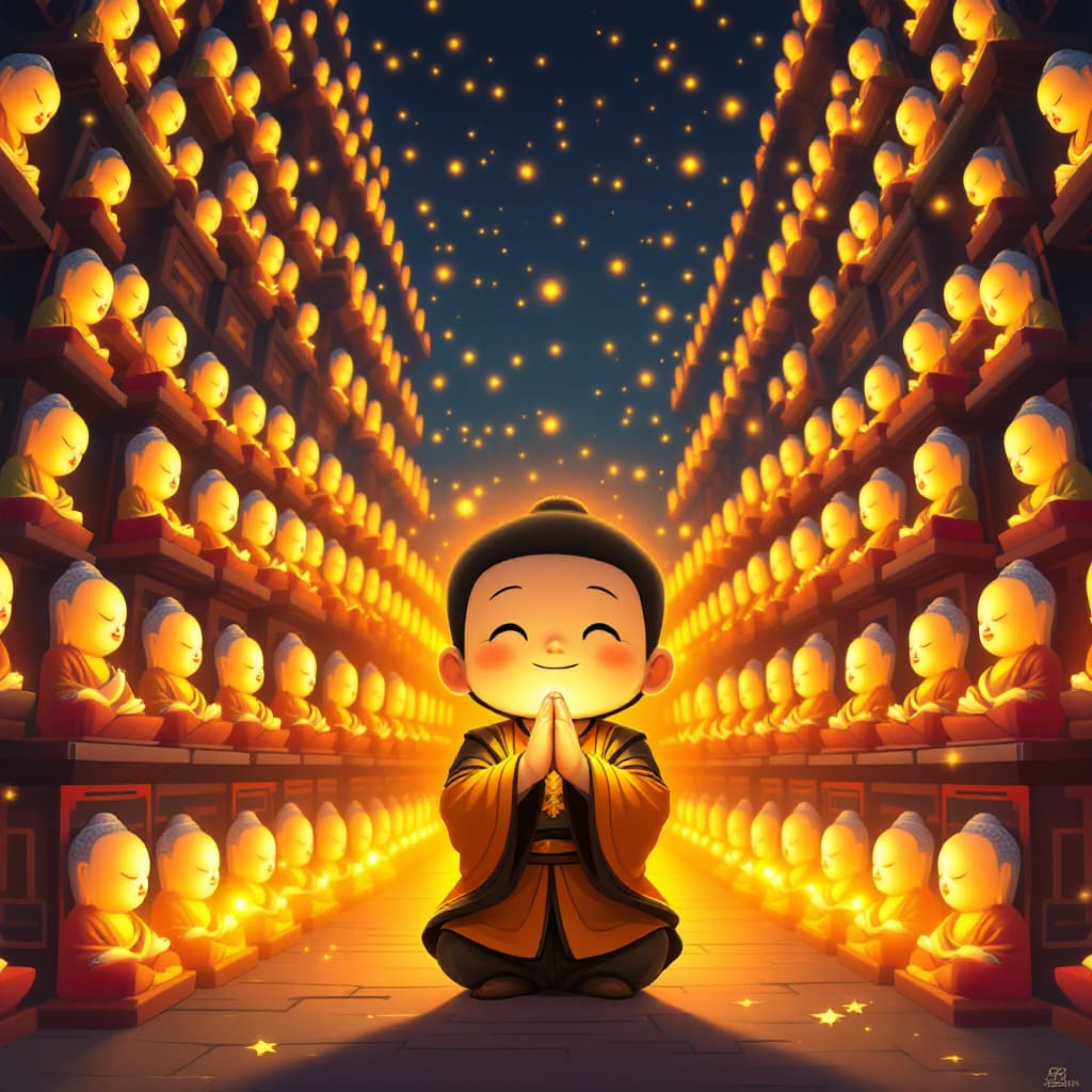 AI generated: A Japanese rendered cartoon of a Chinese little Taoist priest, kind and compassionate, praying for a...