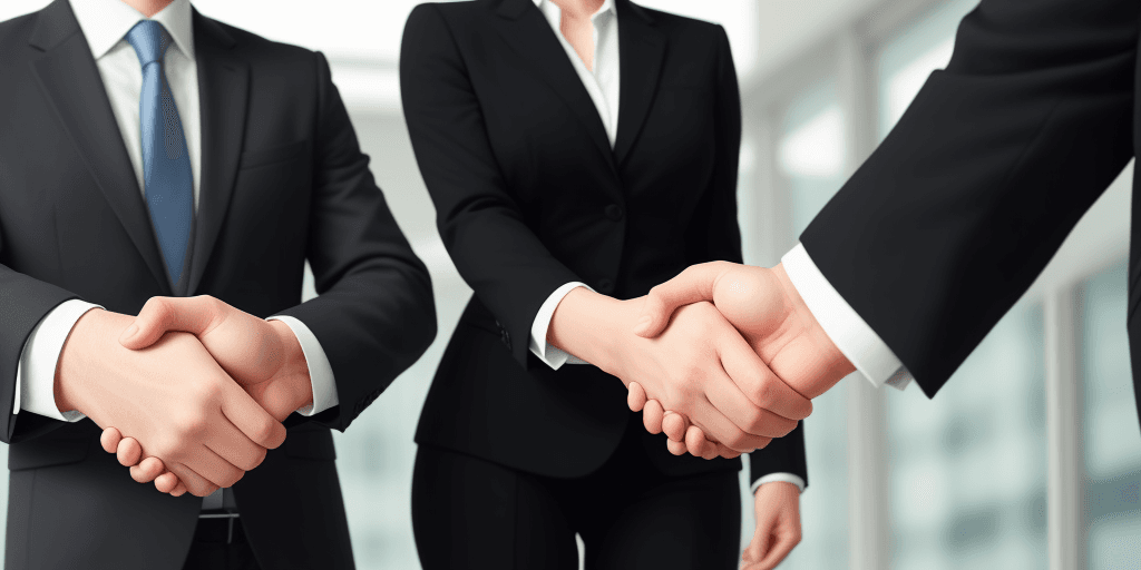 AI generated: Draw two business figures (maybe in suits) shaking hands firmly, signifying a strong bond and Show f...