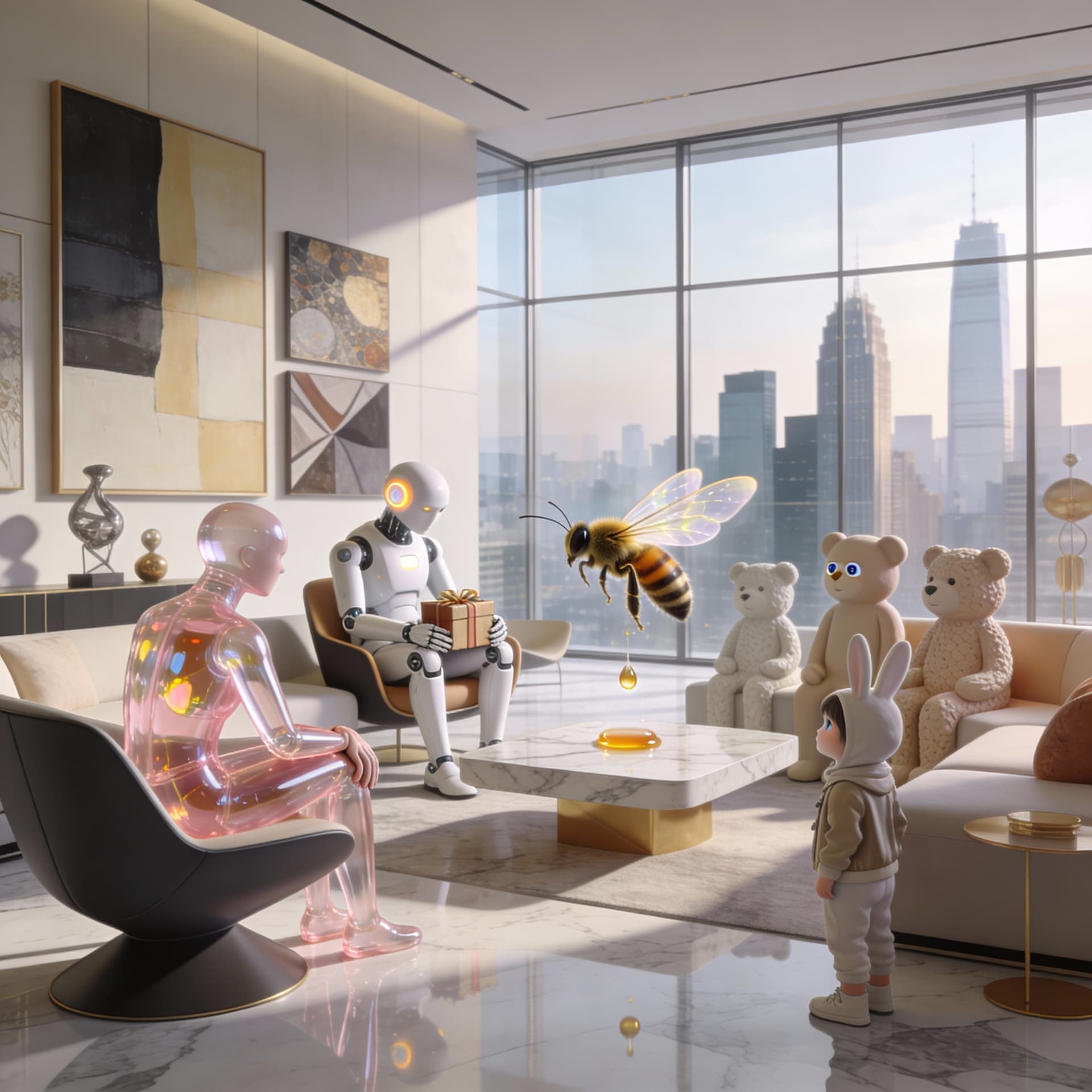 AI generated: Create a hyper-realistic, cinematic scene set inside an ultra-luxury modern loft living room during ...