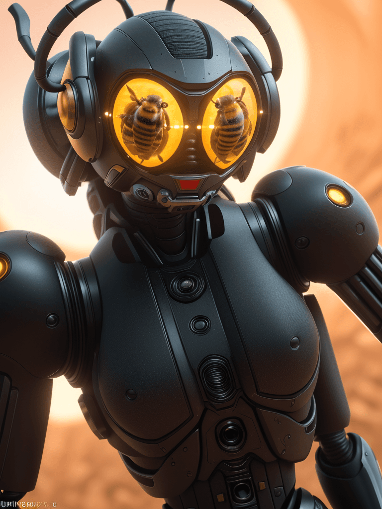 AI generated: portrait of biorobotic and armed bee, 8k full HD, low angle, unreal engine 5, cinematic, masterpiece...