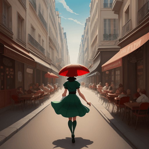 AI generated: an illustration of a girl walking down a street, in the style of disney animation, pre-world war ii ...