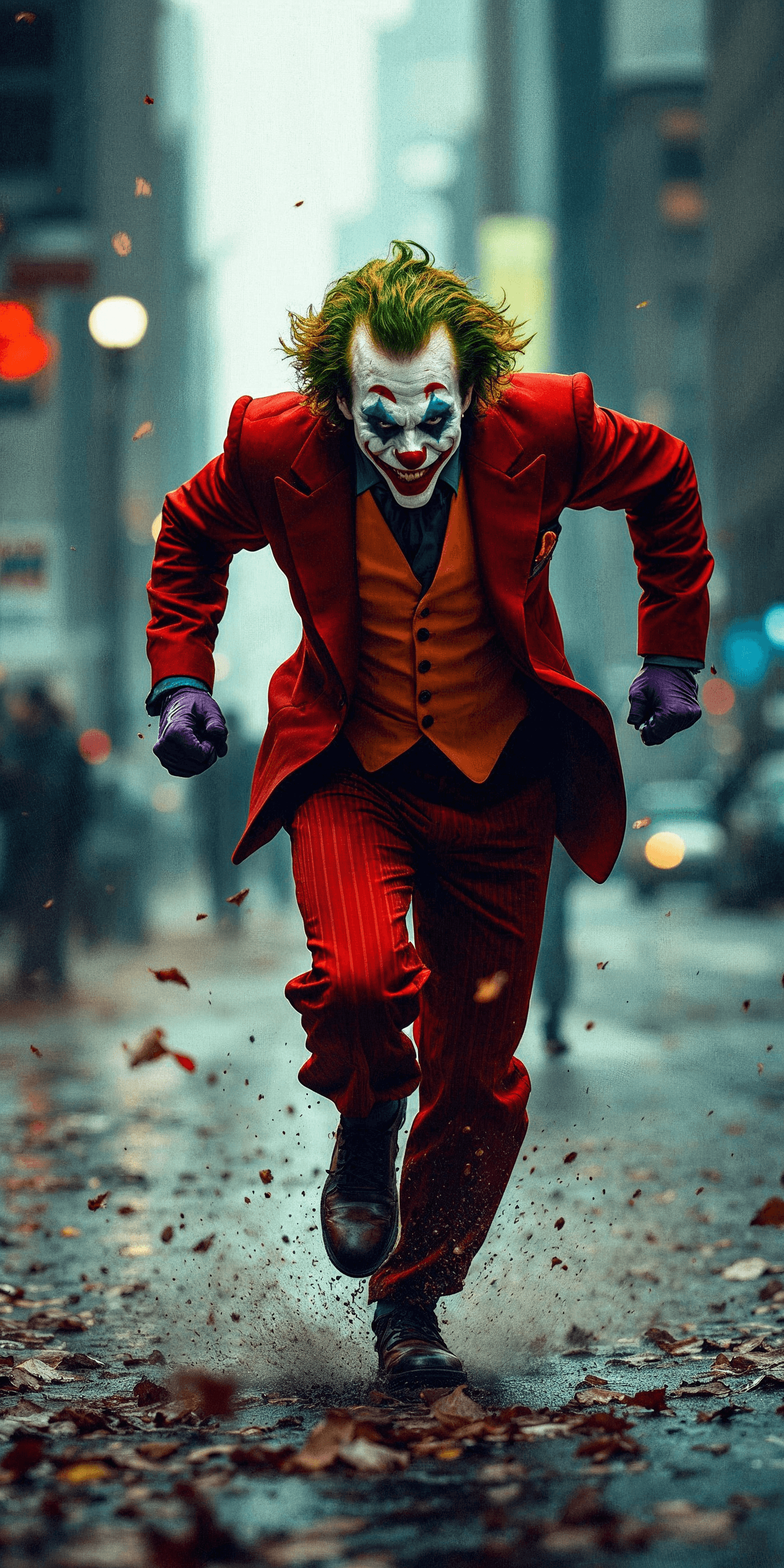 AI generated: clown running down the street in a red suit and yellow vest, red suit, from joker (2019), wearing a ...