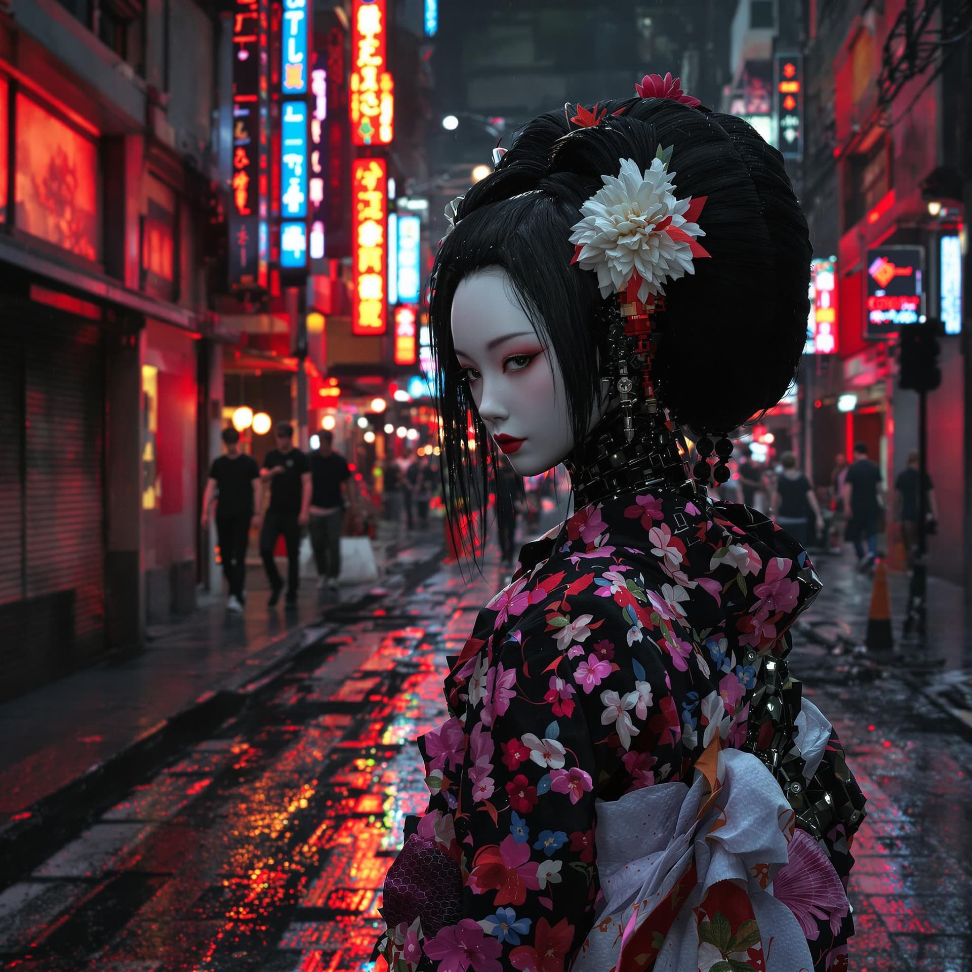 AI generated: High resolutions. Hyperdetailed cyborg humanoid robot young geisha in the street a post-apocalyptic ...
