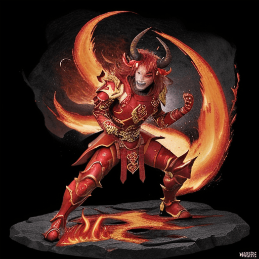 AI generated: fire demon fighting at war, red stone horns, body made of red stones, sharp teeth, tail, fire over t...