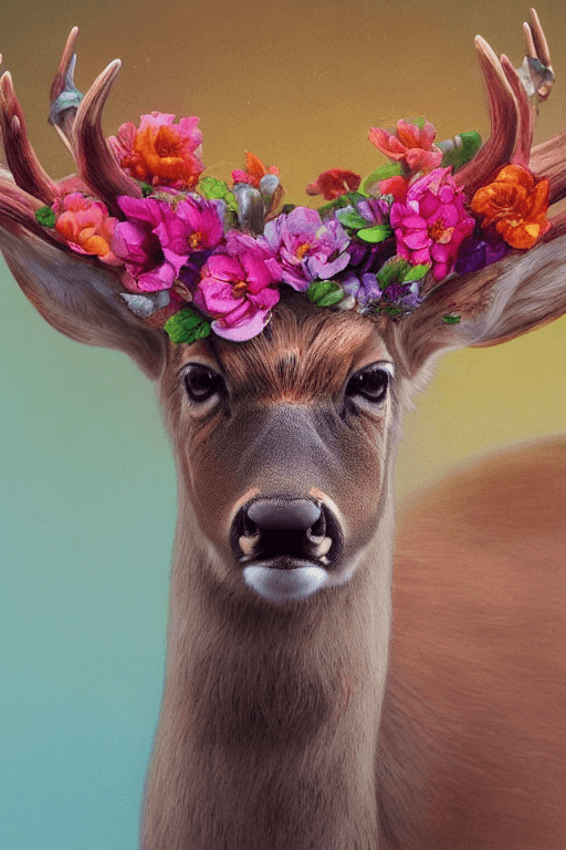 AI generated: a beautiful portrait of realistic deer, colorfull very many small flower headpiece, symmetrical, clo...
