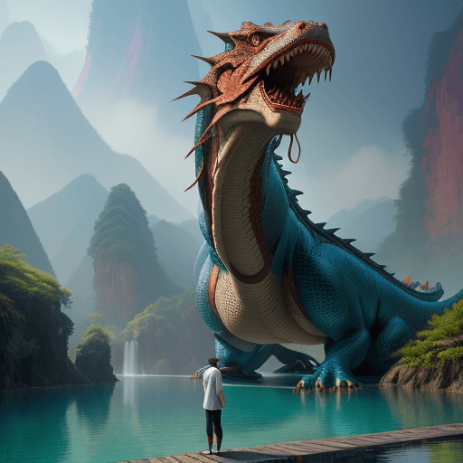 AI generated: a full wide photo shot of a person standing in the water next to a Chinese dragon, in the style of f...