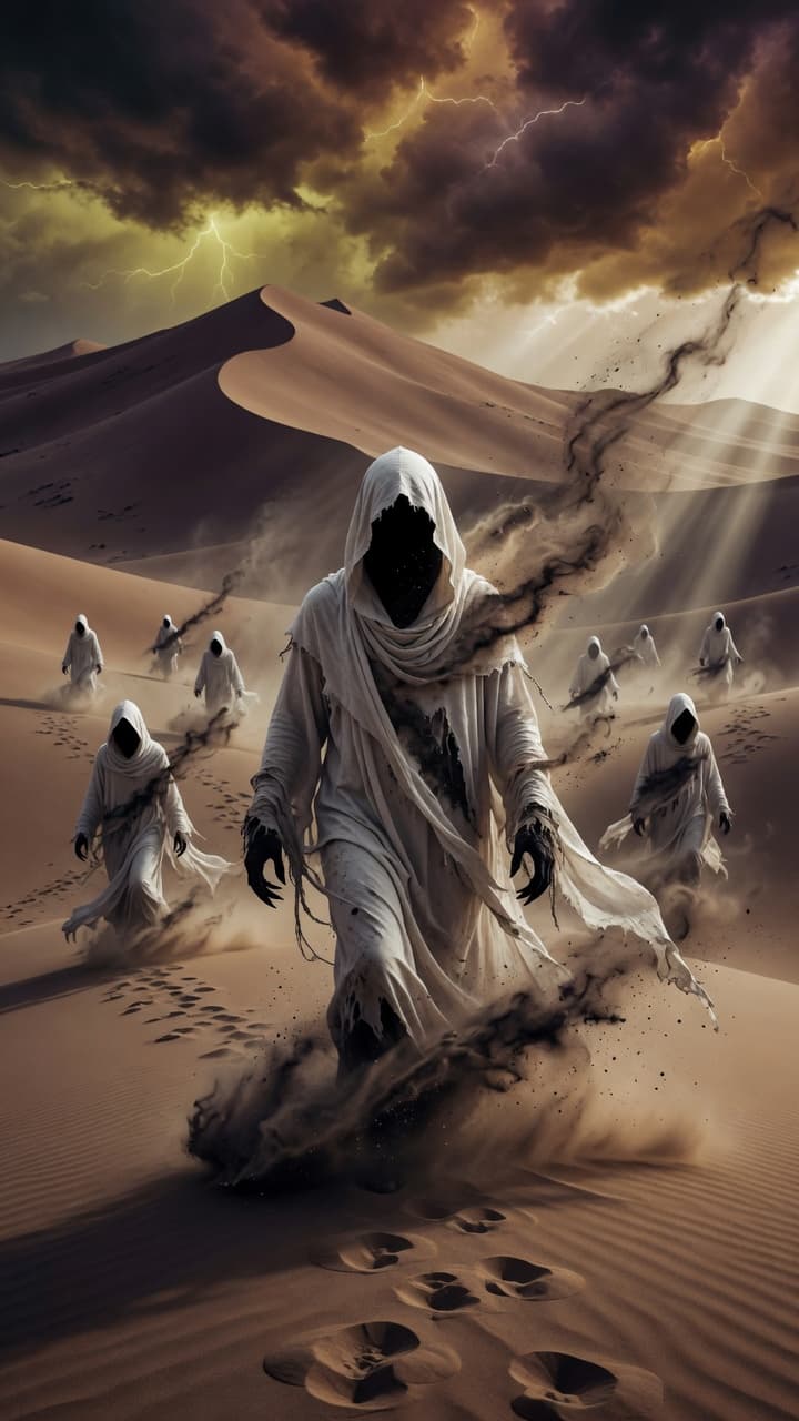 AI generated: A dramatic cinematic scene in a vast, desolate desert with rolling sand dunes under a stormy, ominou...