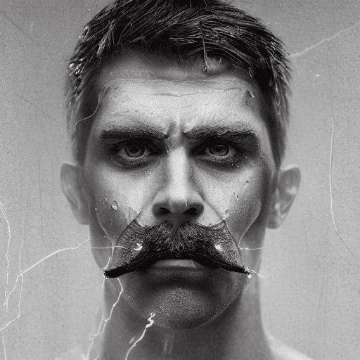 AI generated: 
hyper realistic photograph The incredible face of a man with a mustache, he yells, his eyes are red...