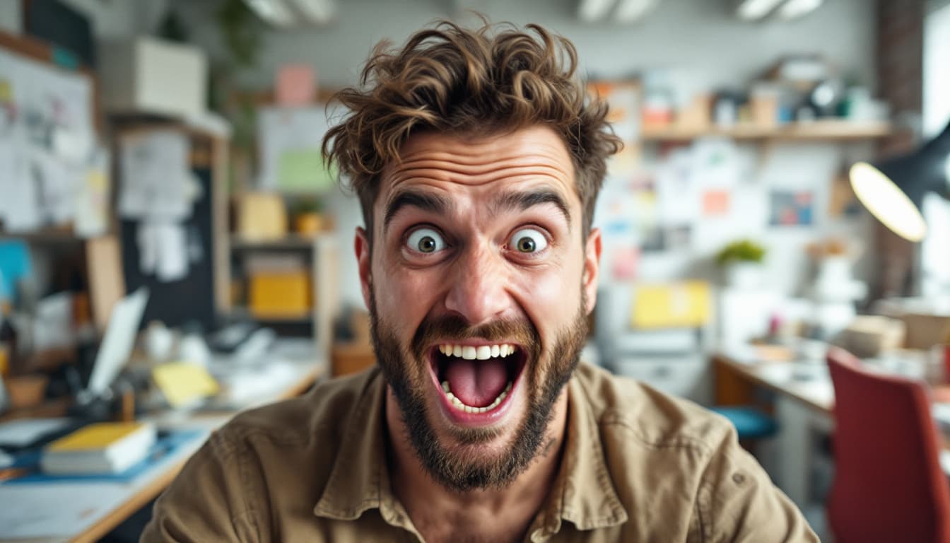 AI generated: A photorealistic portrait of a person with a manic expression, surrounded by Scrum tools in a chaoti...