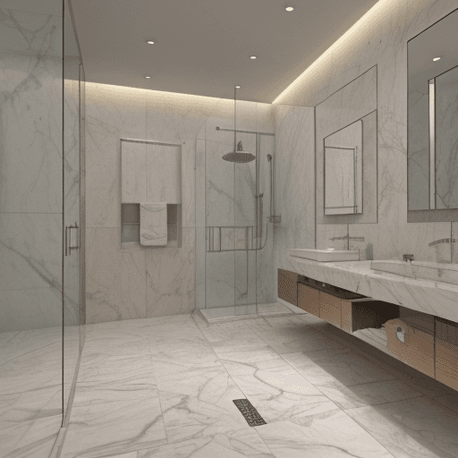 AI generated: photorealistic,8k,16k,front view,bathroom,modern,wc,marble floors,shower cabin,lights,
