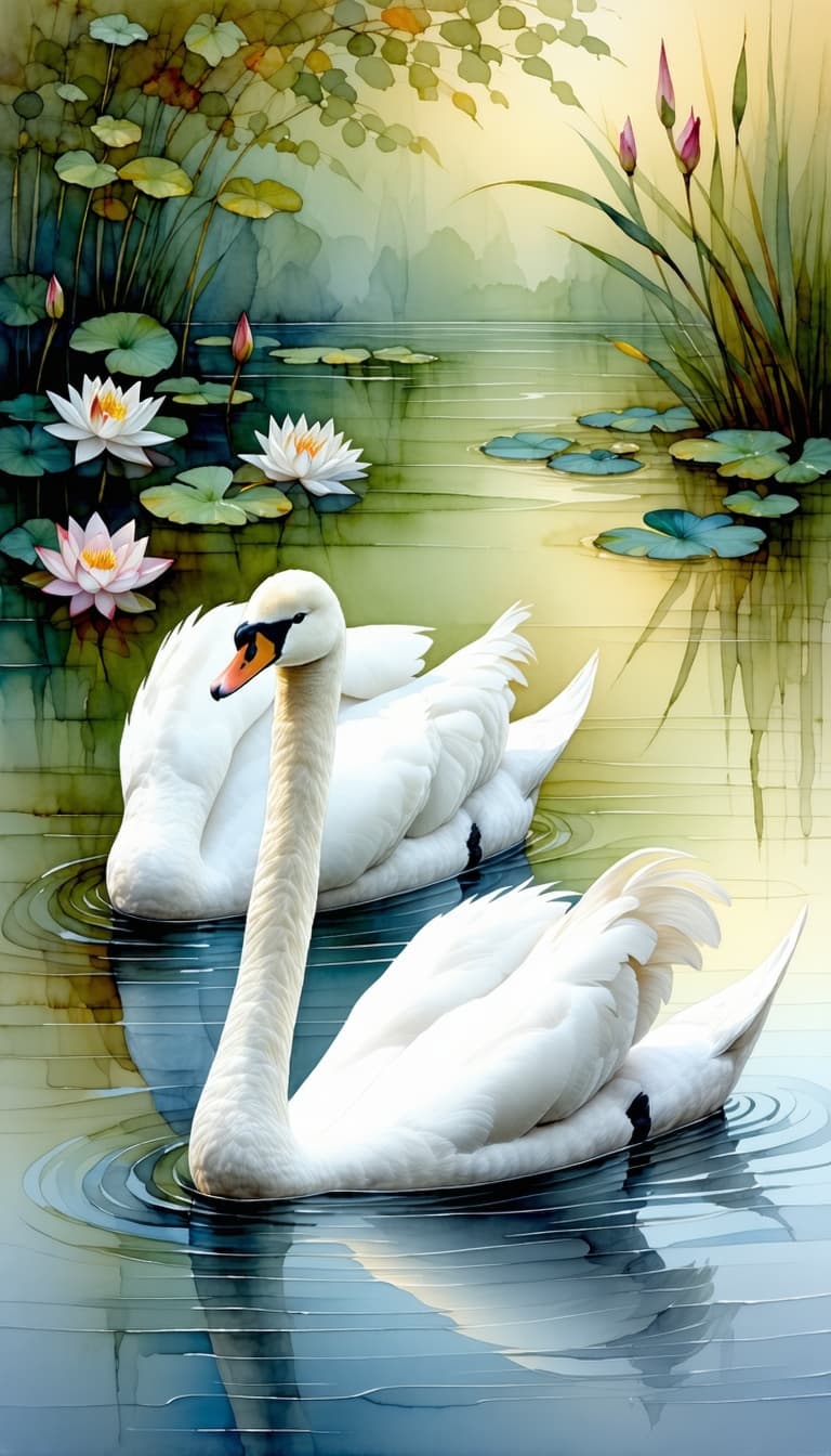 AI generated: Medium close-up watercolor painting Two serene graceful white swans gliding across a tranquil pond. ...