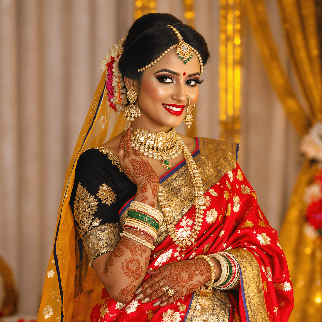 AI generated: "An elegant Indian woman dressed in a traditional black and gold denim, showcasing vibrant colors li...