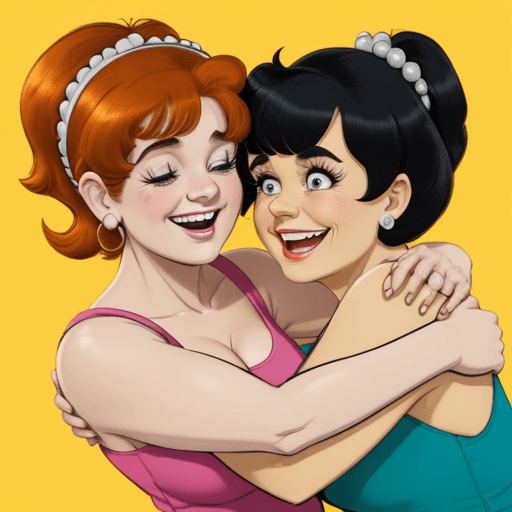 AI generated: Create an endearing scene where Betty Rubble and Wilma Flintstone share a warm and genuine hug, show...