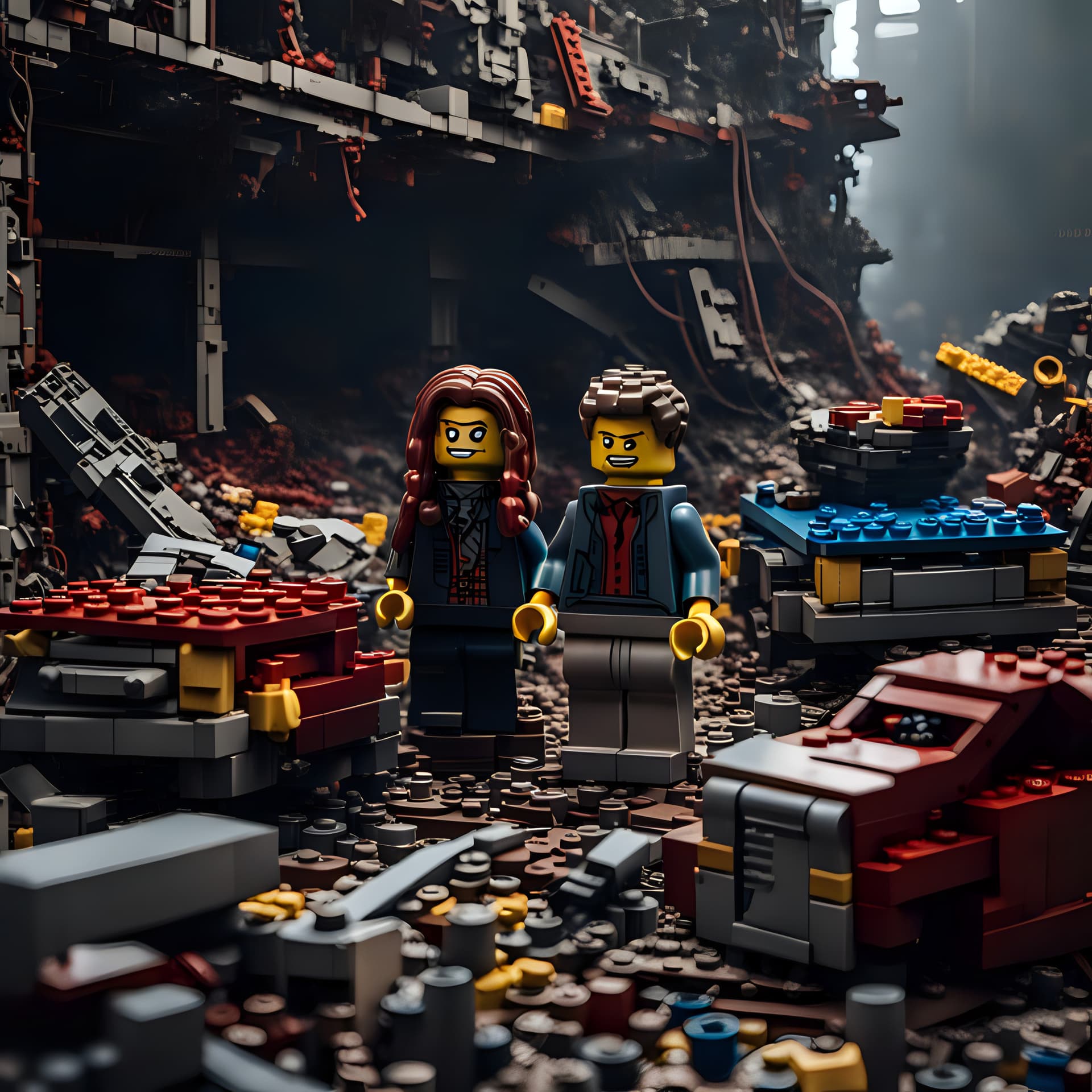AI generated: happy elder [husband . wife] exploring a junkyard in order to find a sofa replacement, all construct...