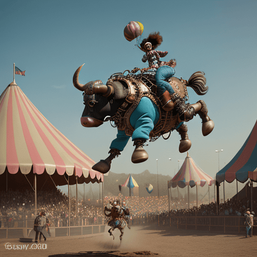 AI generated: A vividly detailed 3D render of a cartoonish plush rodeo clown doll scrambling away from an imposing...