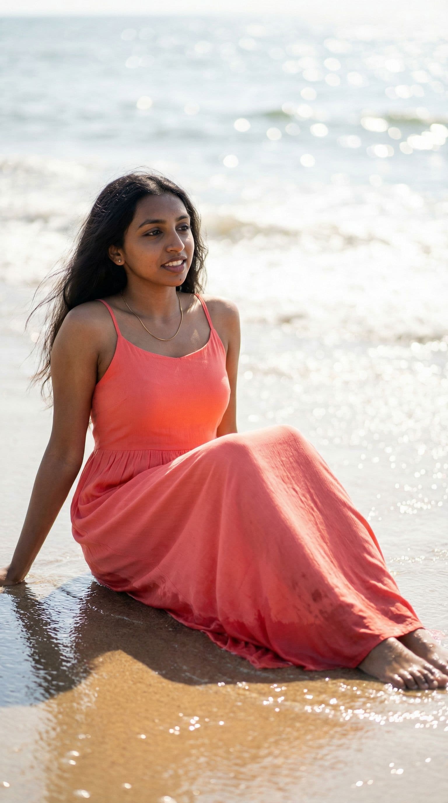 AI generated: full shot sitting on a sandy beach at the edge of the ocean, wearing a long, flowing coral-colored d...