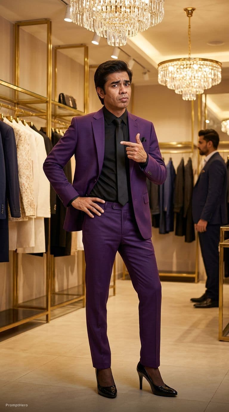 AI generated: At a very luxurious clothing store. 

The flamboyant sales man is 6 feet tall. He is 50 years old,...