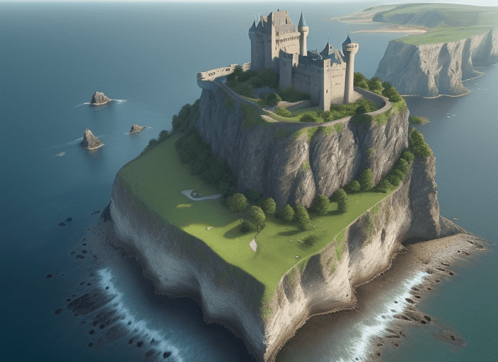 AI generated: ((A R T)) word, Camera bird’s-eye view, castle, pasture landscape, sea, cliffs, mix background, sett...