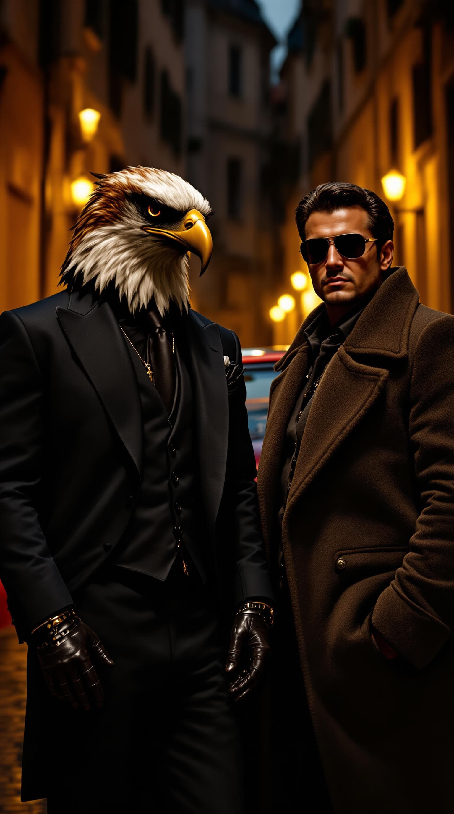 AI generated: Two men with the style of wealthy heist masterminds, dressed in luxurious Italian fashion. One has t...
