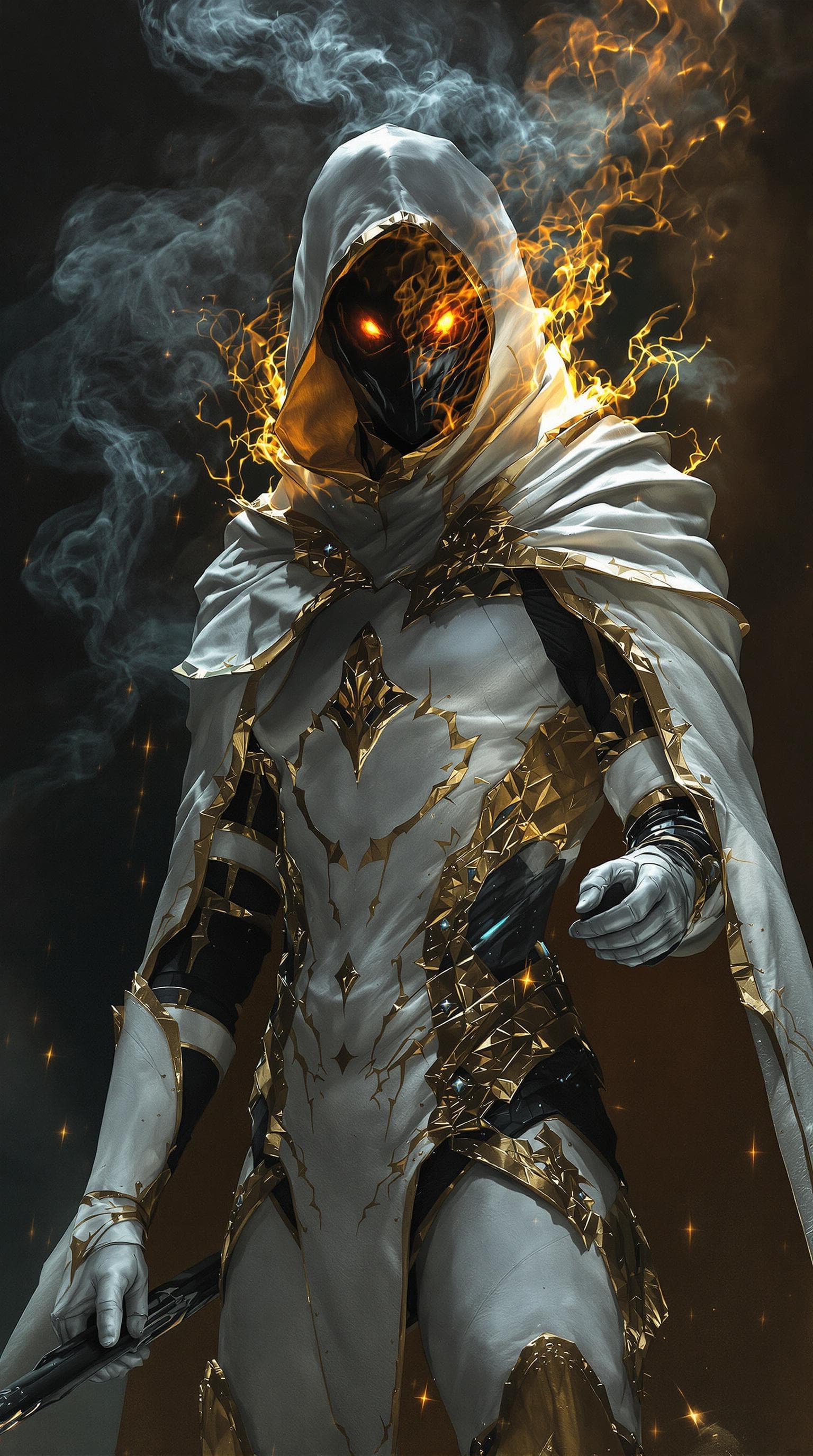 AI generated: Dark fantasy, shadow knights, white and gold plug suit, black smoke in plug suit, burning eyes, whit...