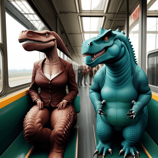 AI generated: Dinosaur women riding a train