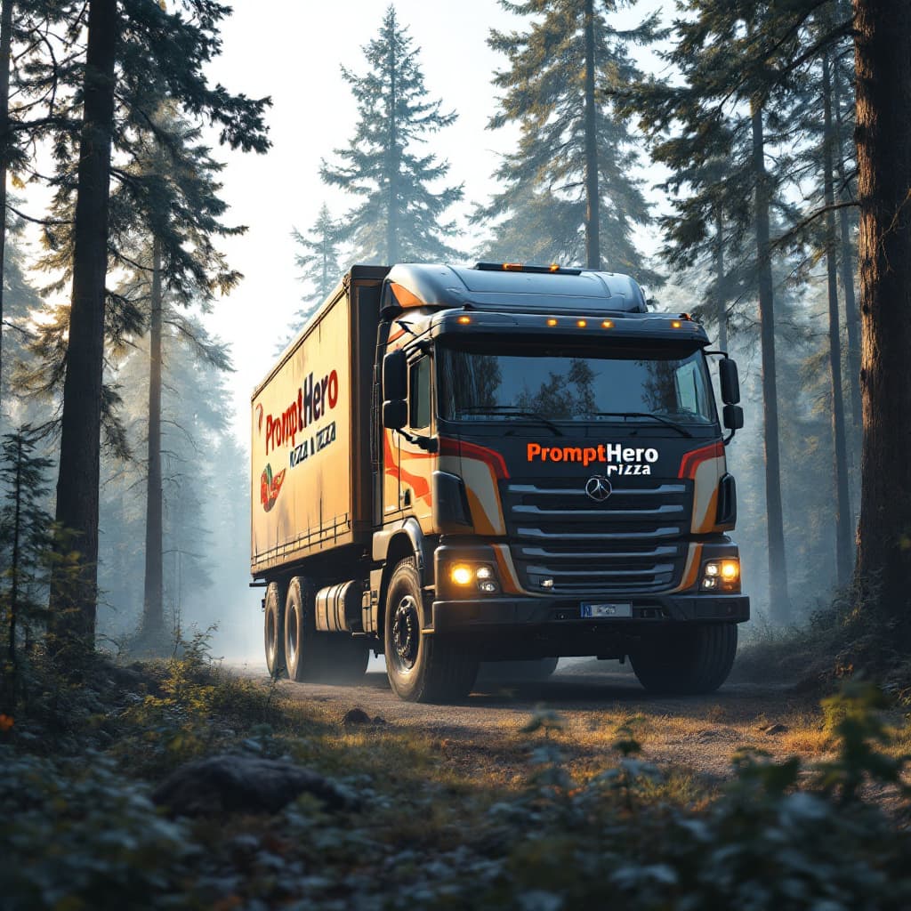 AI generated: a huge truck , the logo is "PromptHero pizza" , the huge truck is going to forest.