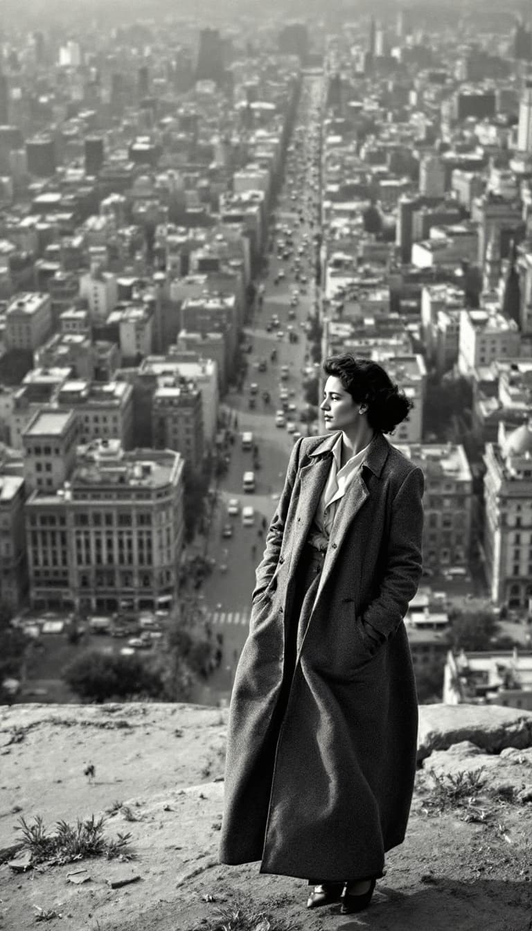 AI generated: An aerial view of tehran city in 1950, A woman in a traditional yet modernized long coat.

