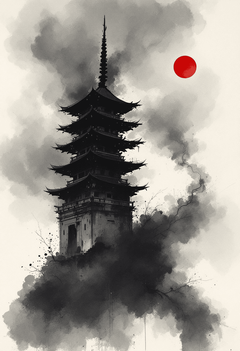 AI generated: Abstract ink wash painting, featuring a traditional Japanese pagoda with its base fading into smoke,...