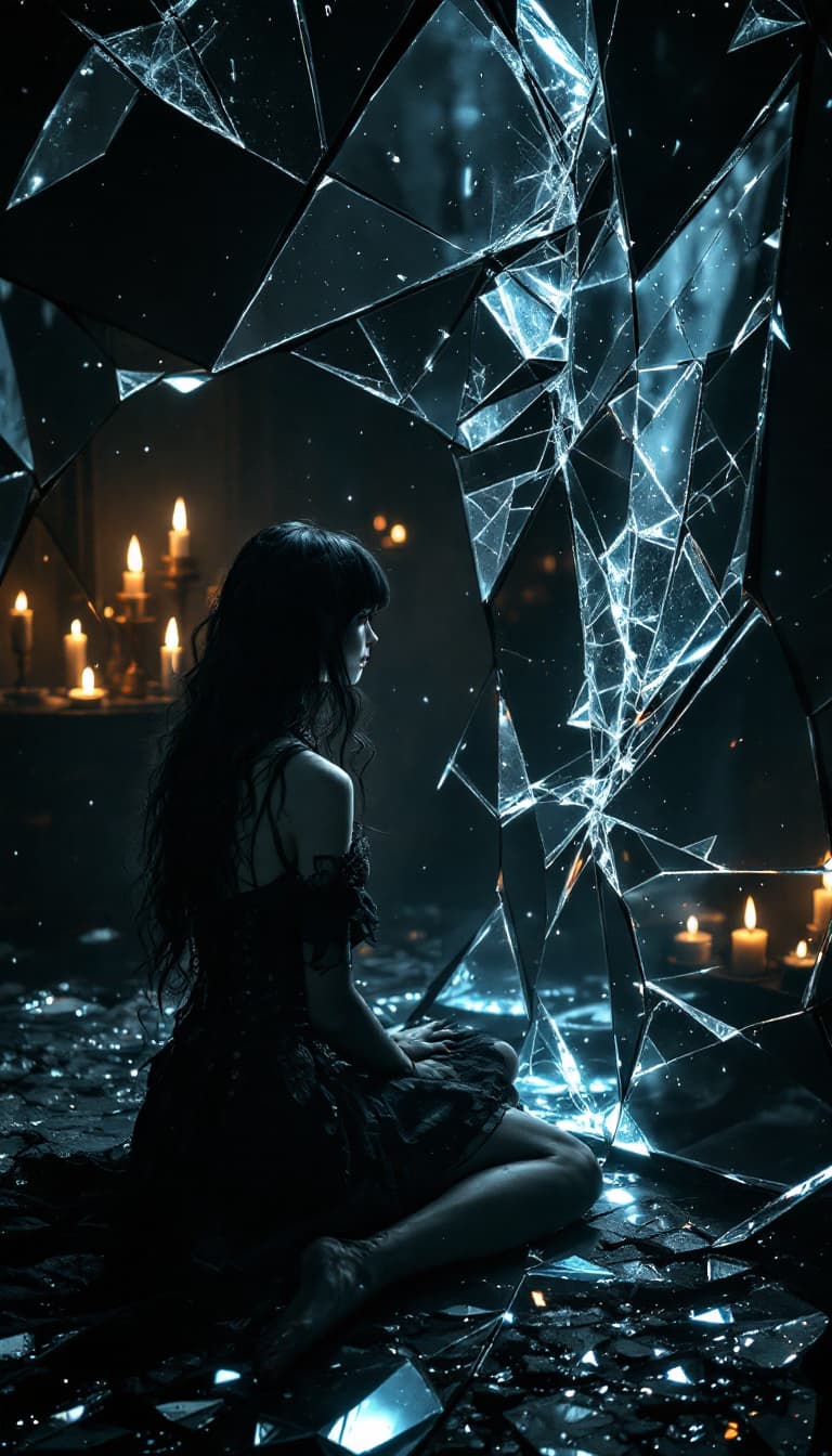 AI generated: A solitary female goth figure with long black wavy hair and bangs in a dark, candlelit room, surroun...
