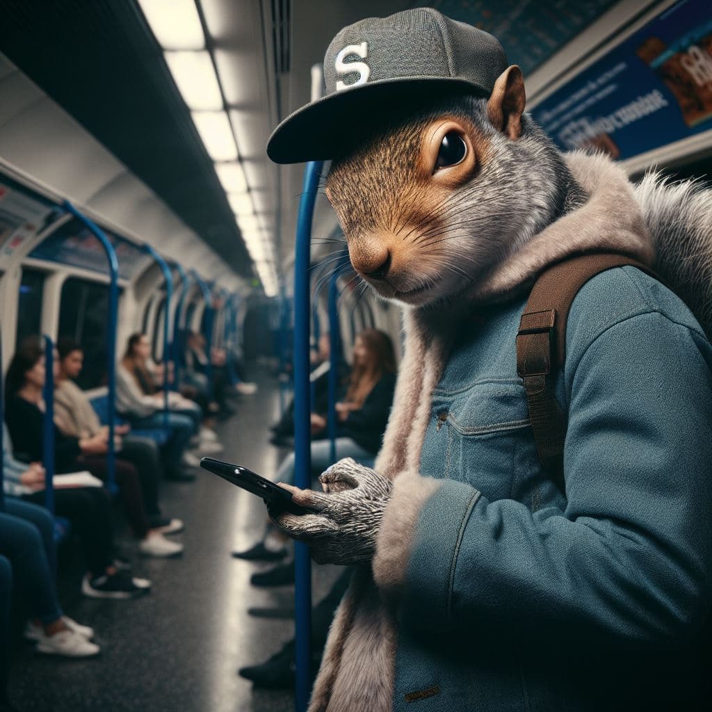AI generated: (A half human half grey squirrel hybrid) dressed like a chav on the london underground, night, cinem...