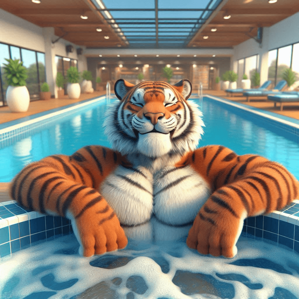 AI generated: 3D animation of a satisfied tiger man sitting in a hot tub in an indoor swimming pool