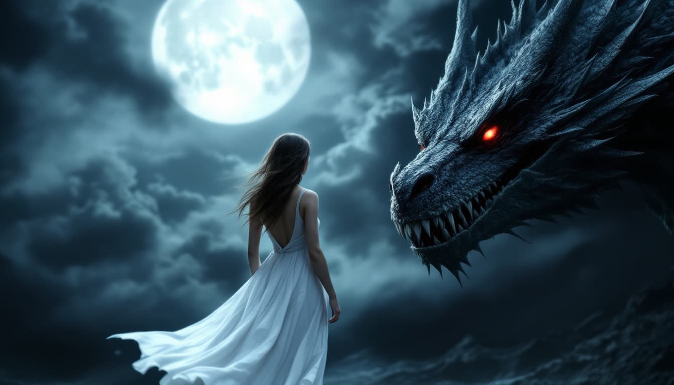 AI generated: The image depicts a woman in a white dress standing in front of a large dragon, with a full moon in ...