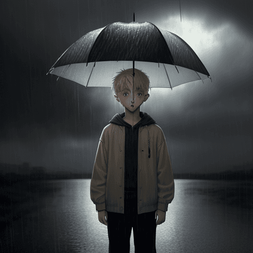 AI generated: A blonde haired boy, who looks at the age of 12 on the verge of tears standing in the middle of the ...