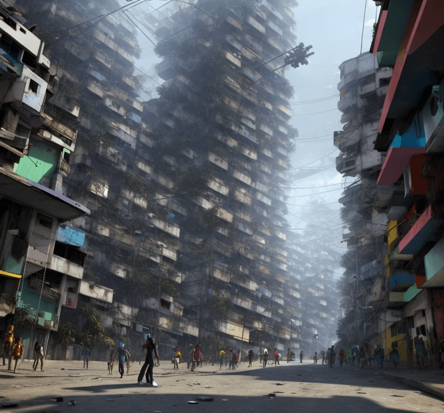 AI generated: a big futuristic mech iswalking in the street in  a favela. Terrified people are running while fleei...