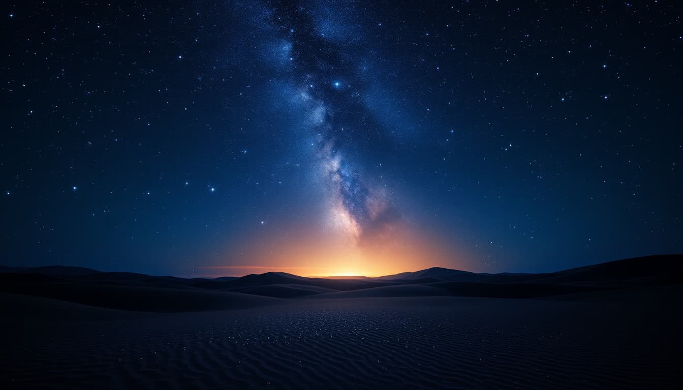 AI generated: Prompt: A night desert shot, camera soaring up from the ground to the Pleiades constellation, stars ...