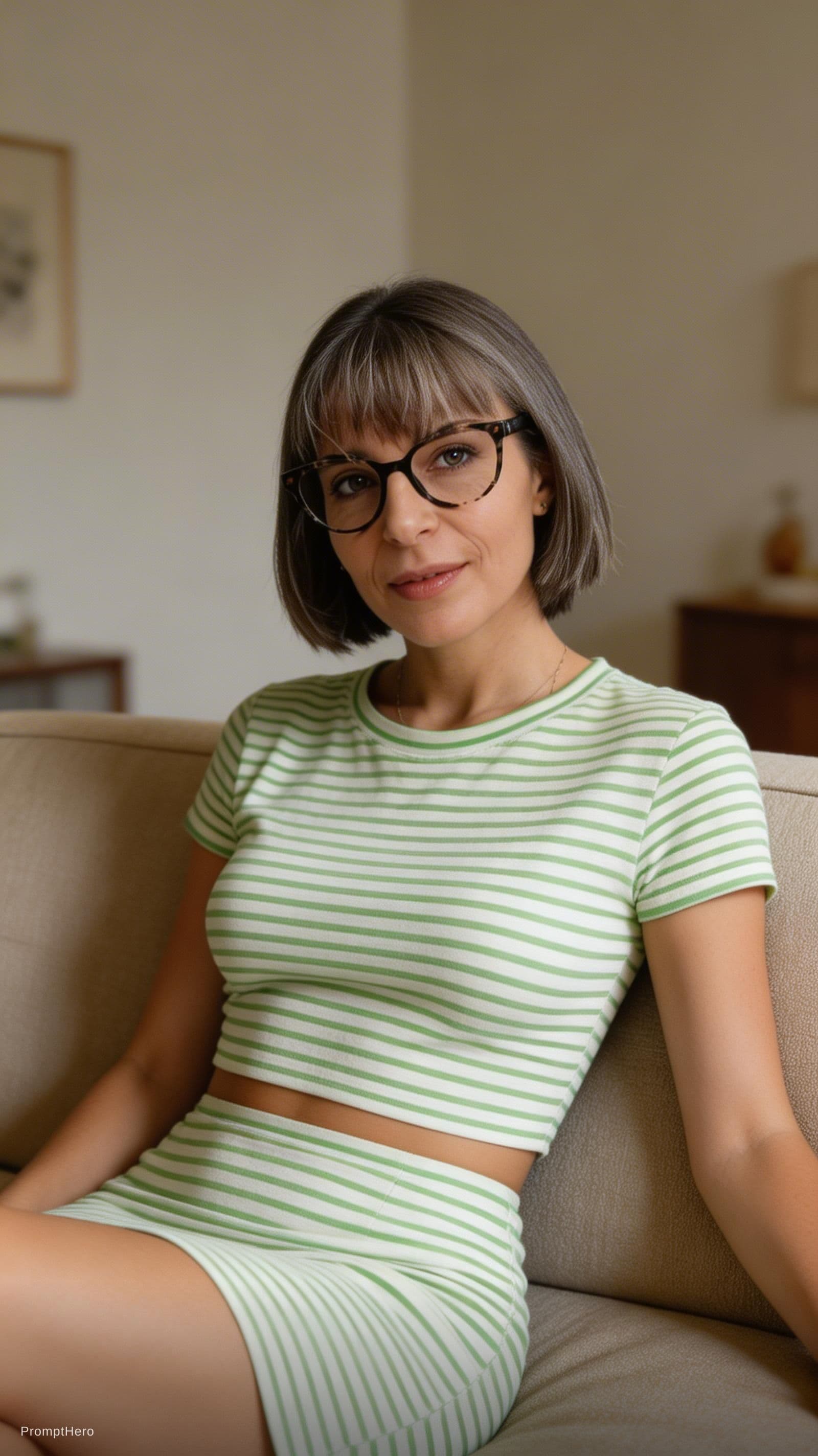 AI generated: Wearing cropped dress, sitting on a couch, close view, looking young, with same hairstyle and makeup...