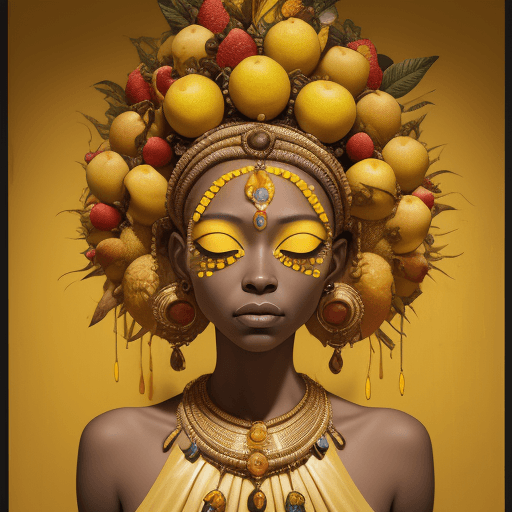 AI generated: a mural of woman on a yellow wall with fruit on her head, in the style of ingrid baars, 32k uhd, ben...