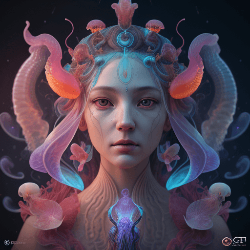 AI generated: Goddess close-up portrait ribcagel. jellyfish phoenix head, nautilus, orchid, skull, betta fish, bio...