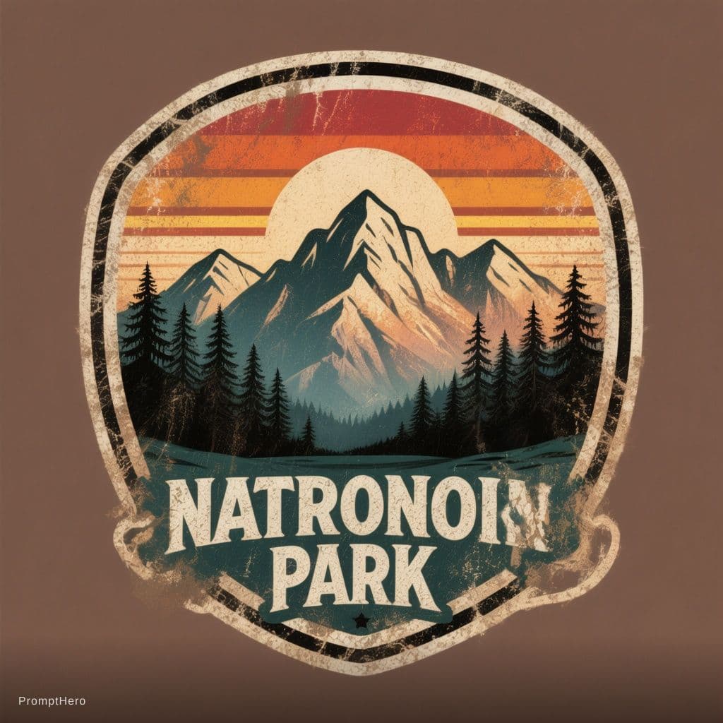 AI generated: retro camping badge design,vintage national park illustration,mountain sunset stripes,pine forest,ou...