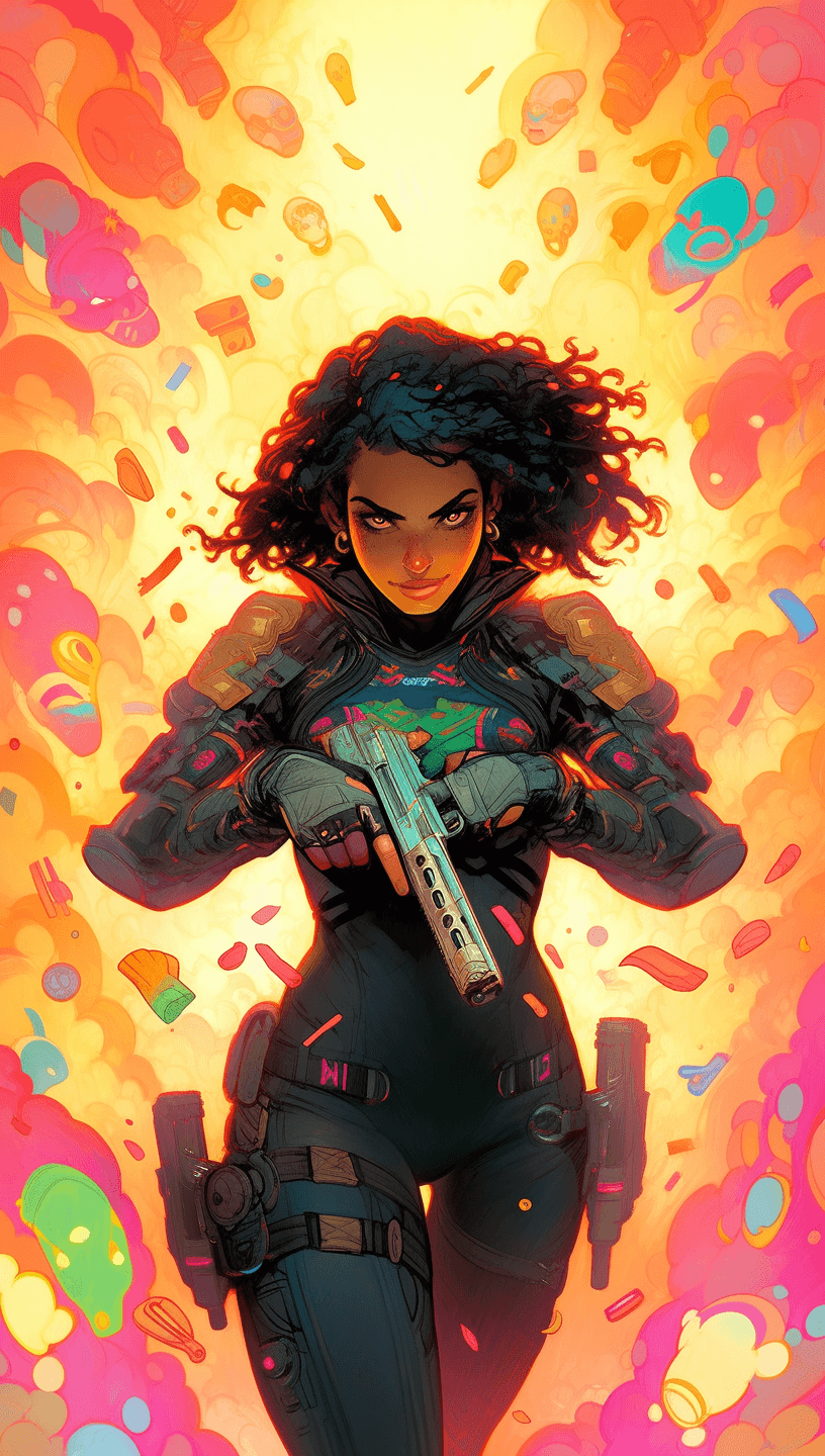 AI generated: An illustration of a fearless mercenary with jet black hair, in the style of Kaleidoscopic, Alex Sch...
