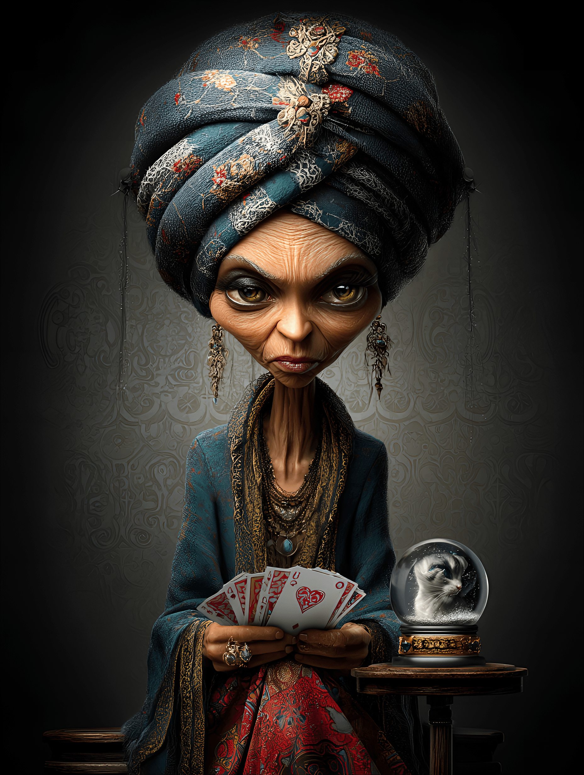 AI generated: funny caricature, quirky fortune teller caricature, elderly middle eastern female, 70 years old, sno...