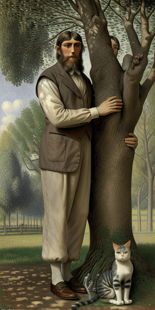 AI generated: Full height front view Portrait of Pissarro standing near a tree and looking at the cat sitting near...